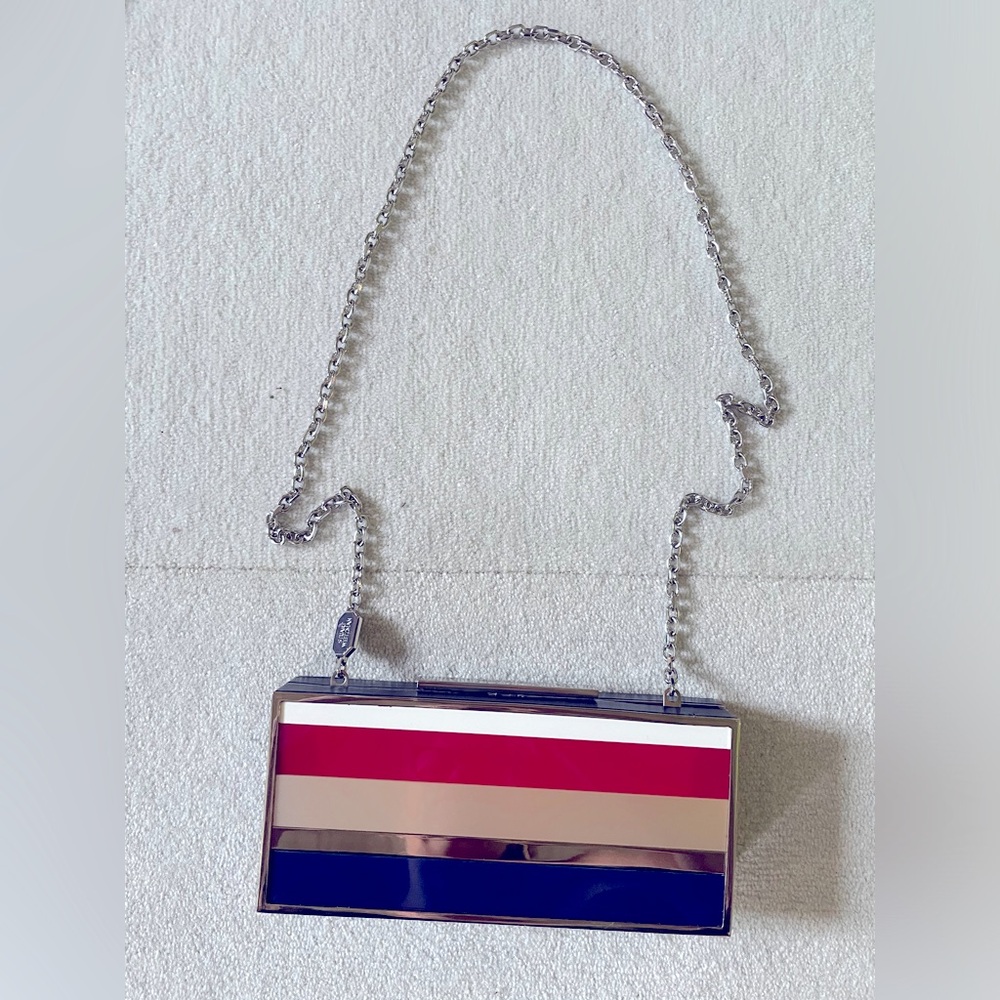 Stuart Weitzman women hard clutch Silver hardware White red silver blue stripes